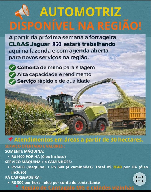 Forrageira CLAAS Jaguar 860 para Aluguel na Região de Cantagalo MG - imagem 1